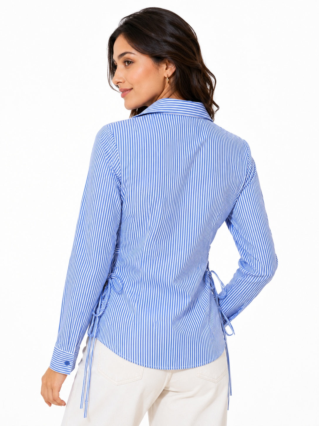 Ribbed Lace-Up Side Slit Button Shirt