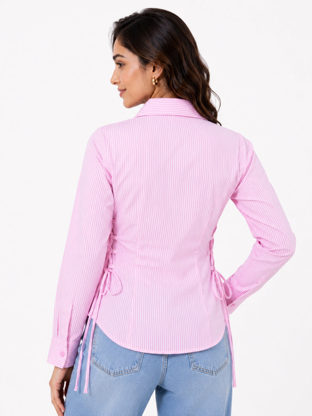 Ribbed Lace-Up Side Slit Button Shirt