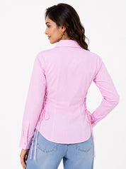 Ribbed Lace-Up Side Slit Button Shirt