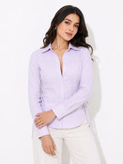 Ribbed Lace-Up Side Slit Button Shirt