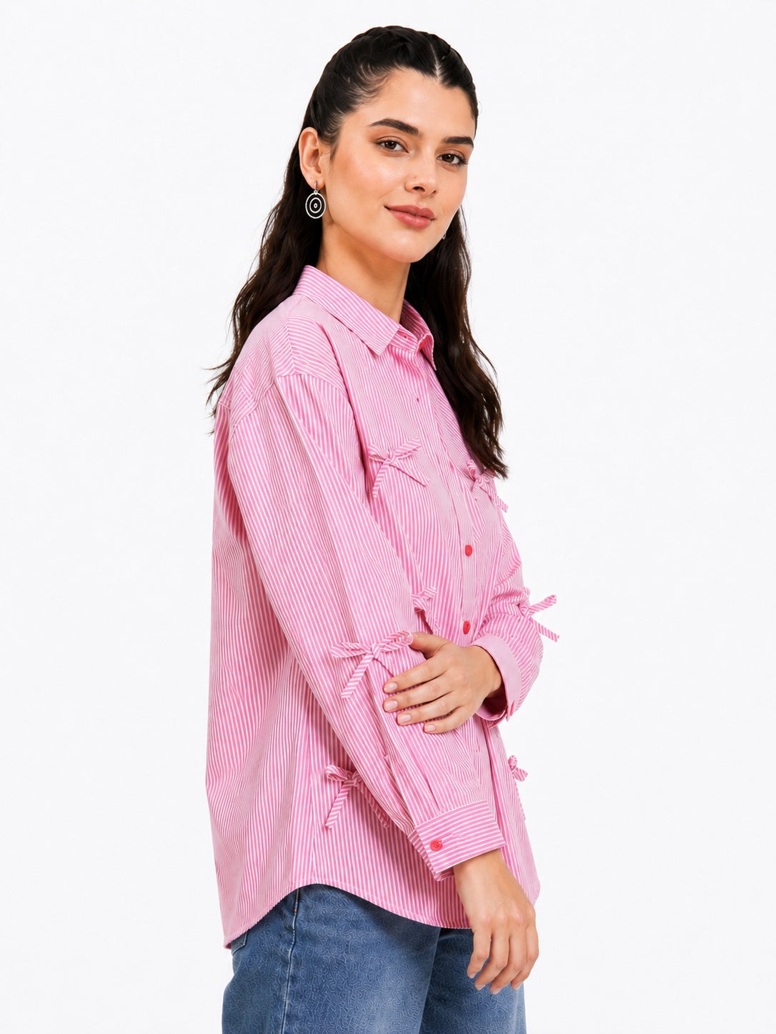 Oversized Shirt Striped Tie Detail Full Sleeve