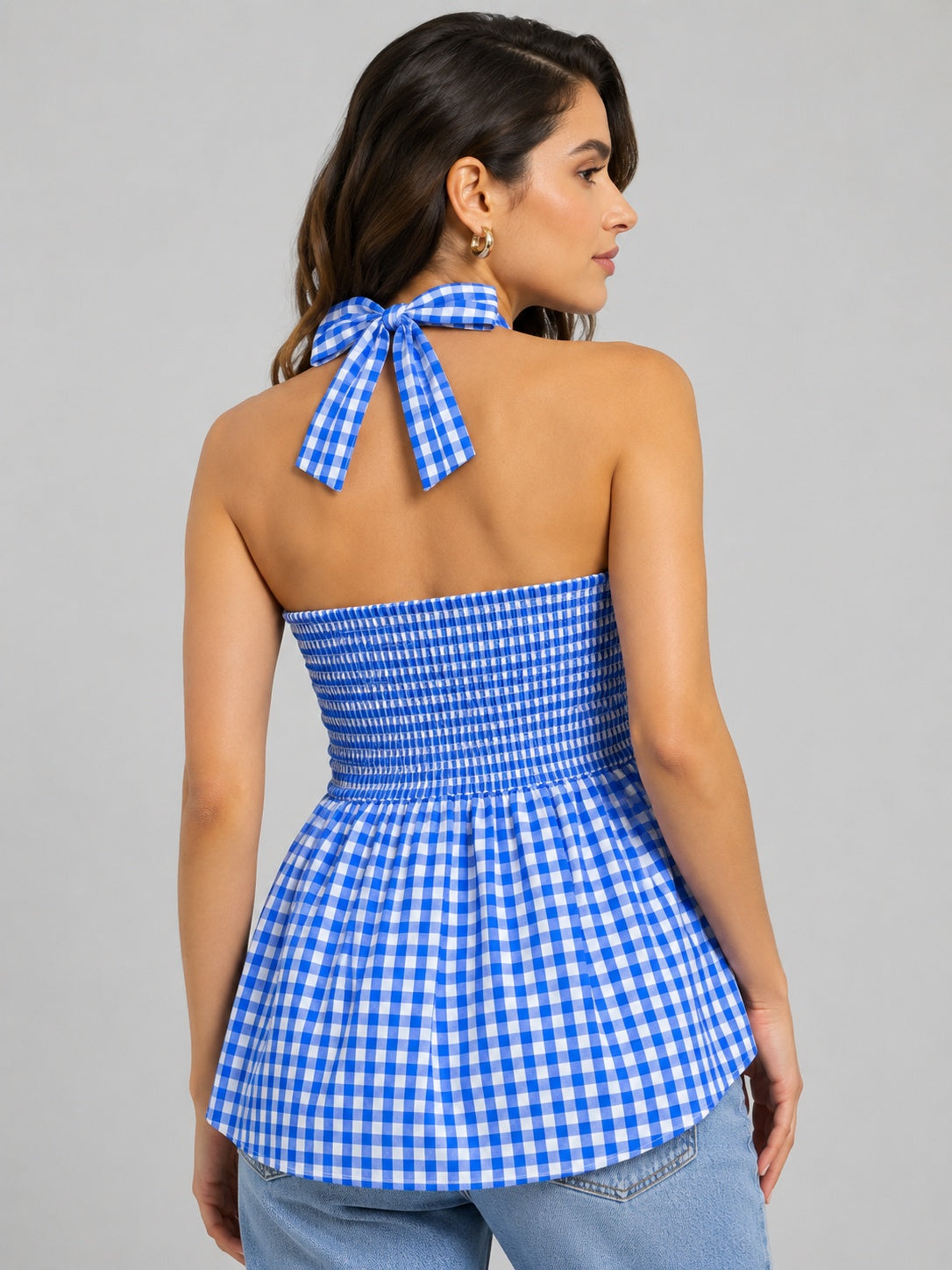 Gingham Check Strapless Bow Front Peplum Top