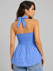 Gingham Check Strapless Bow Front Peplum Top