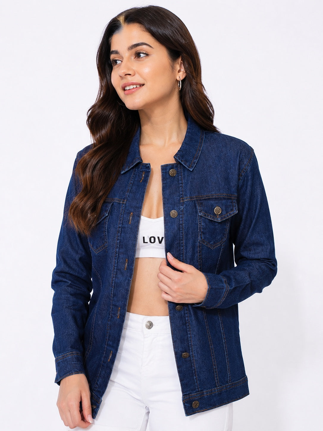 Buttoned and Collared Long Denim Jacket