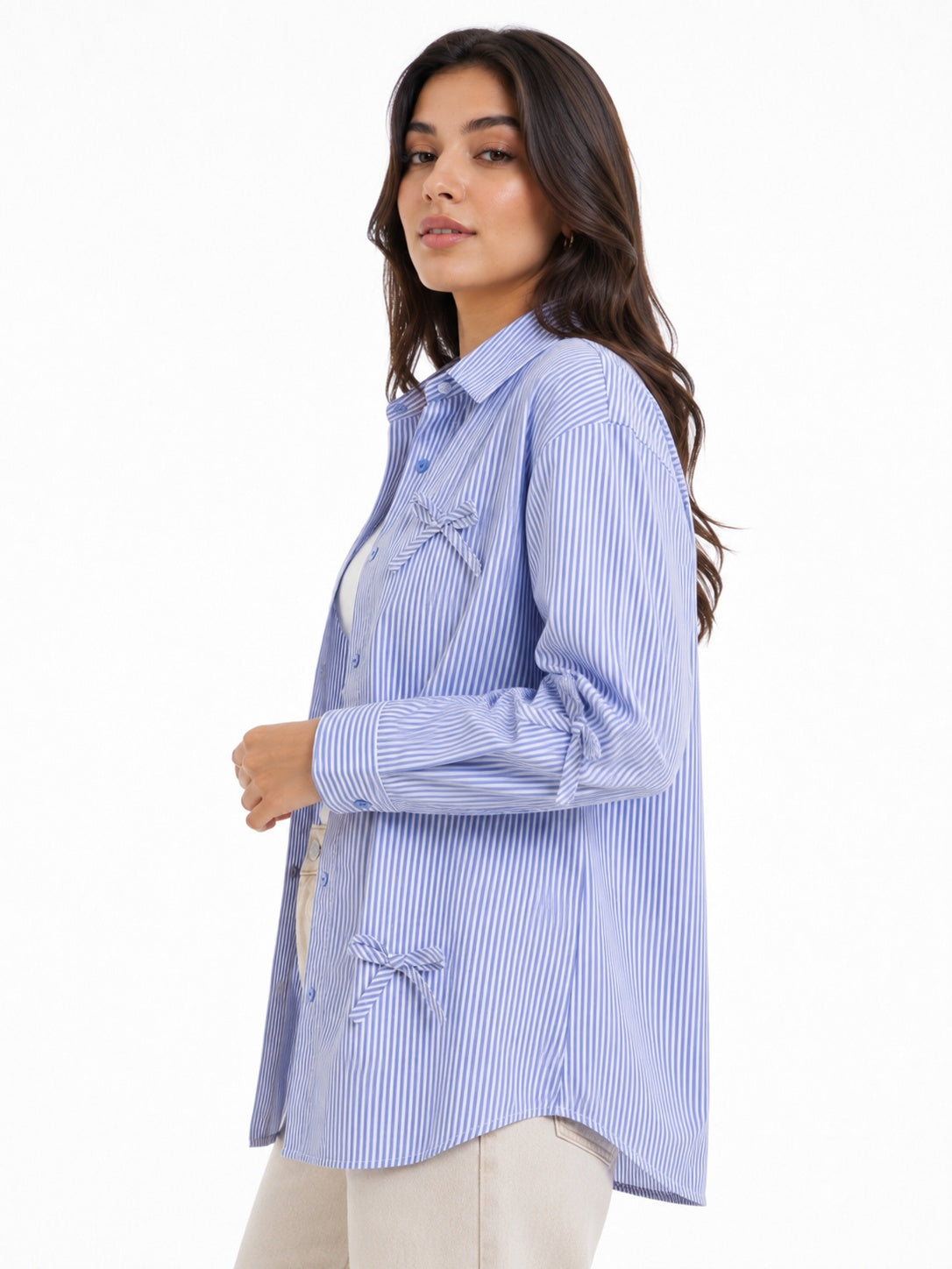 Oversized Shirt Striped Tie Detail Full Sleeve