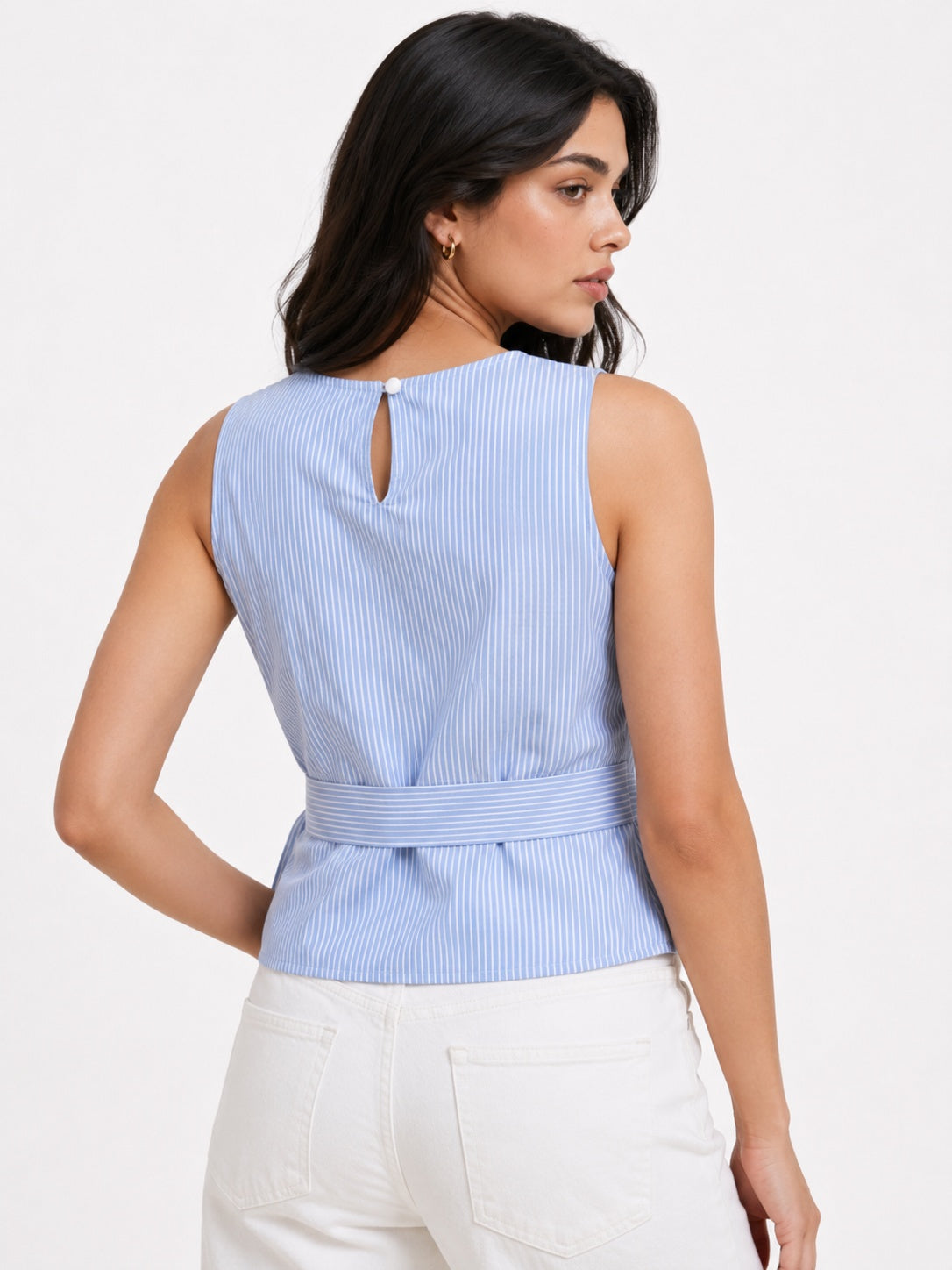 Striped Wrap Top Sleeveless V Neck Tie Waist