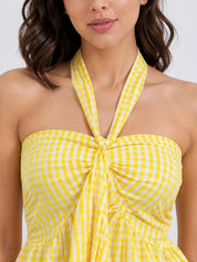 Gingham Check Strapless Bow Front Peplum Top