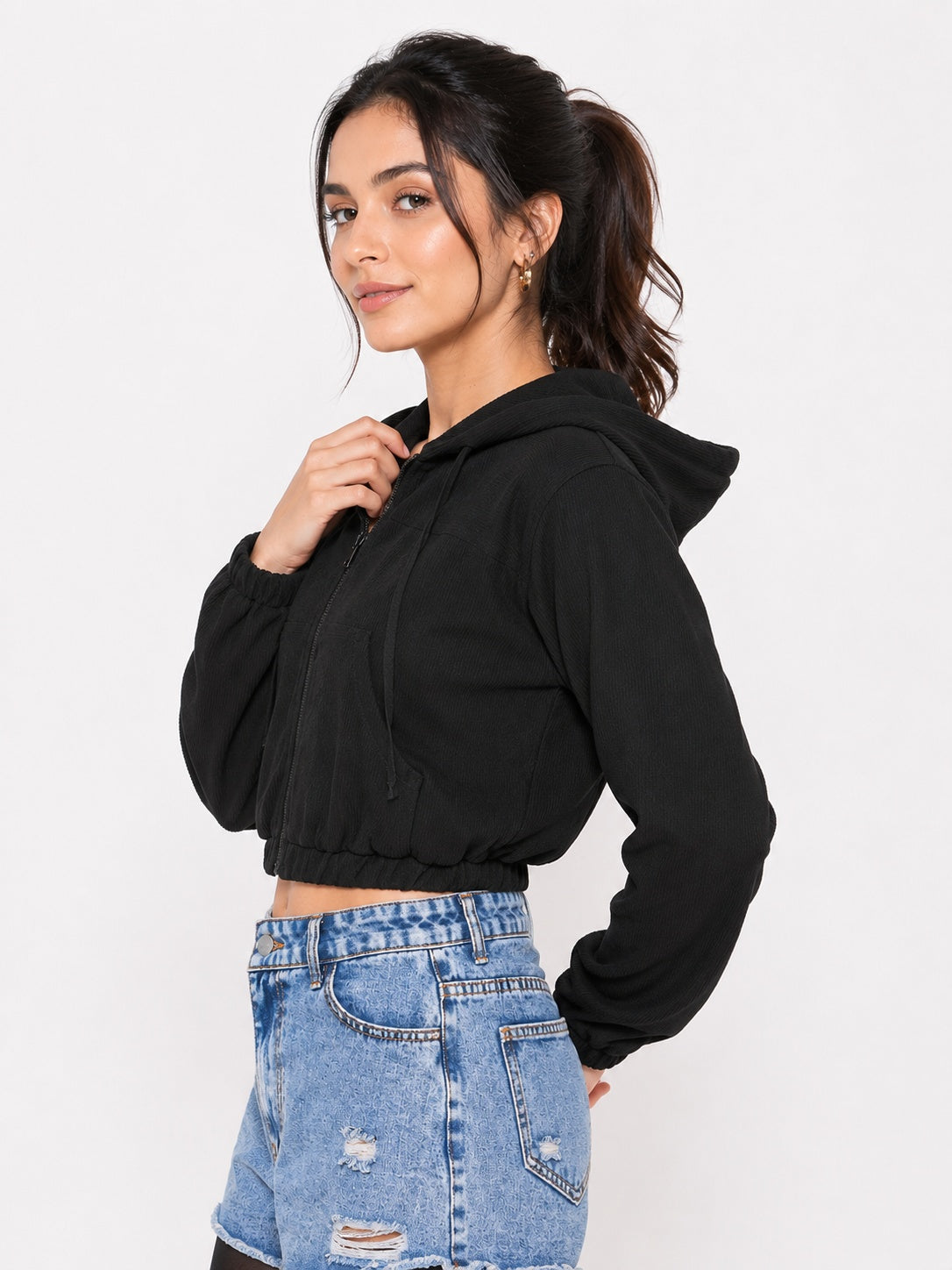 Ribbed Hooded Cropped Jacket