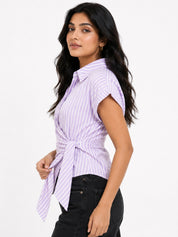 Striped Wrap Style Cotton Shirt Drop Shoulder