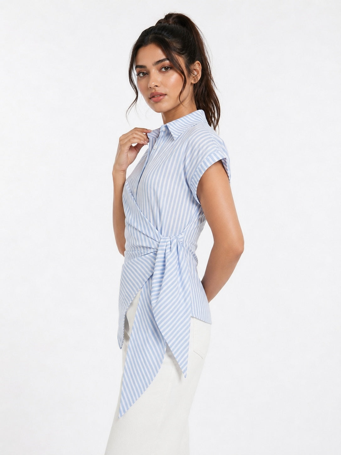 Striped Wrap Style Cotton Shirt Drop Shoulder