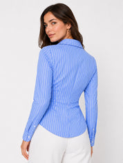 Striped Wrap Shirt Asymmetric Hem Collared