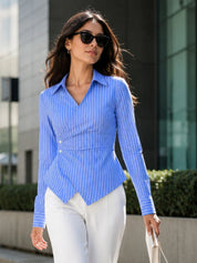 Striped Wrap Shirt Asymmetric Hem Collared