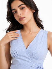 Striped Wrap Top Sleeveless V Neck Tie Waist