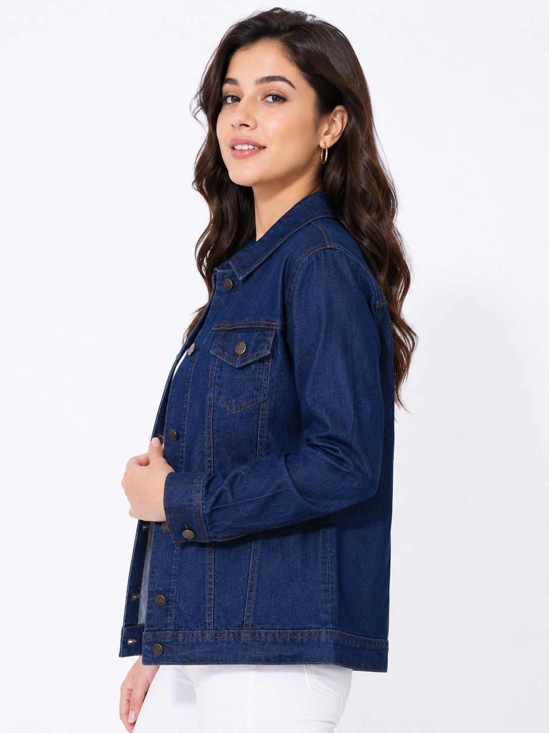 Buttoned and Collared Long Denim Jacket