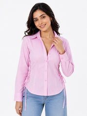 Ribbed Lace-Up Side Slit Button Shirt