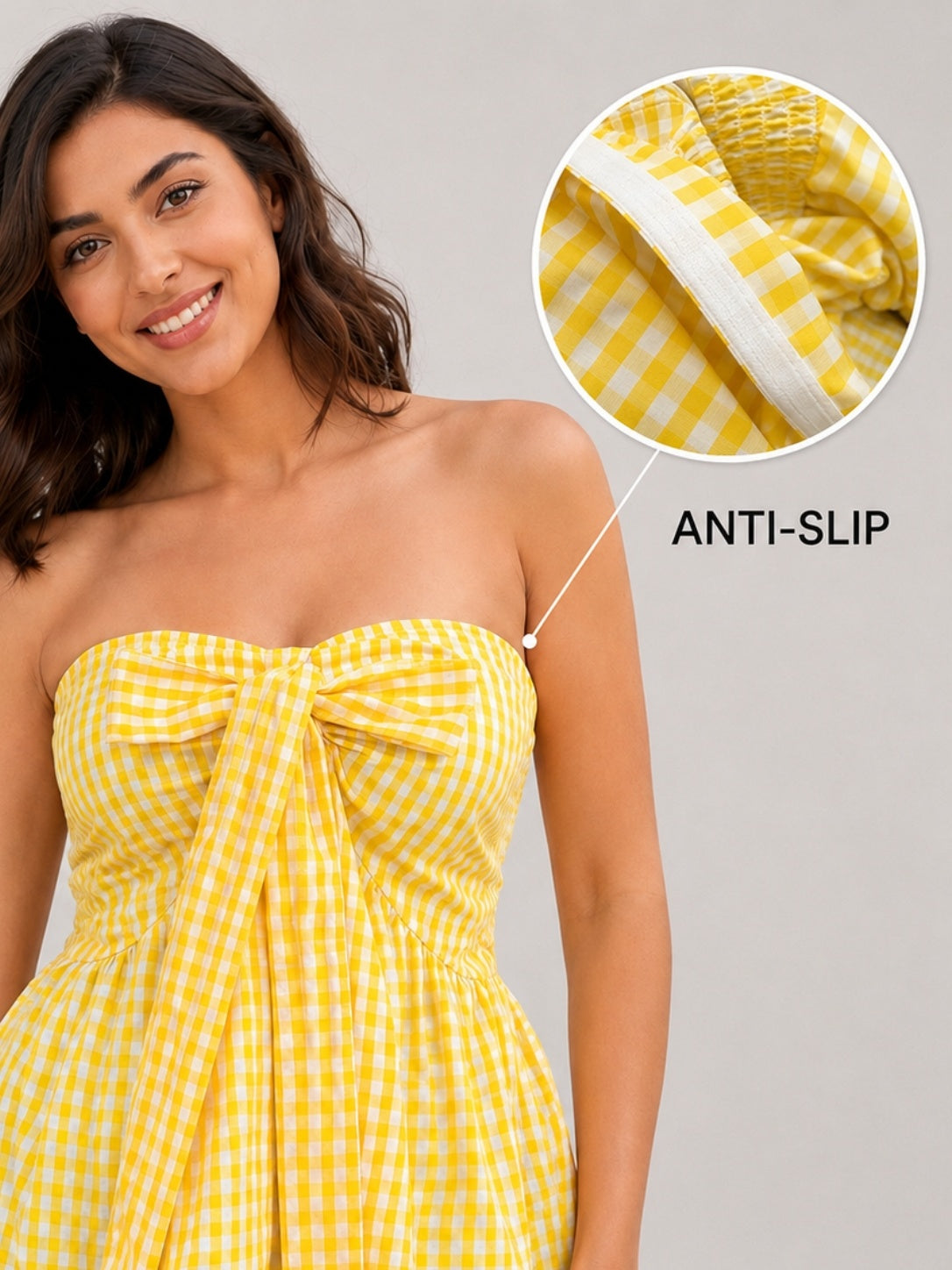 Gingham Check Strapless Bow Front Peplum Top