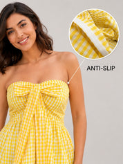 Gingham Check Strapless Bow Front Peplum Top