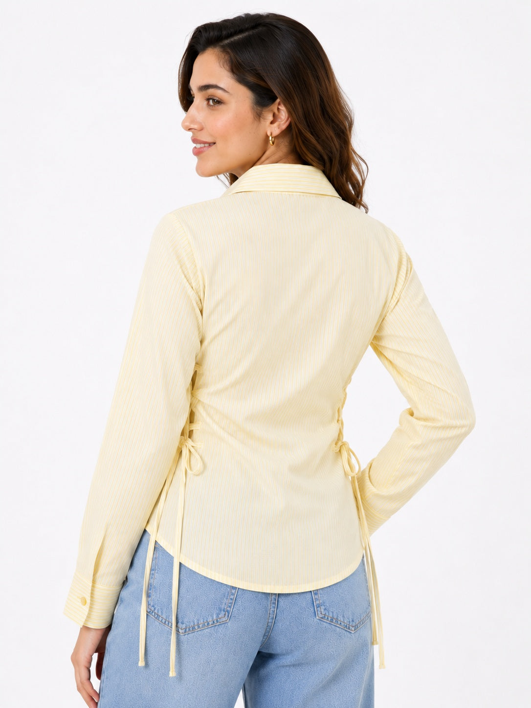 Ribbed Lace-Up Side Slit Button Shirt