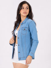 Buttoned and Collared Long Denim Jacket