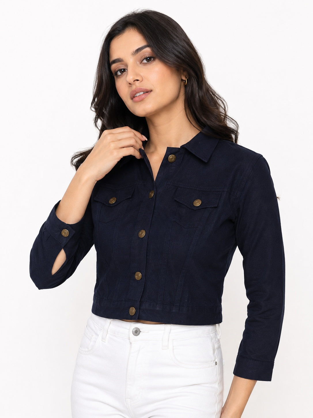 Cropped Button-Front Casual Jacket