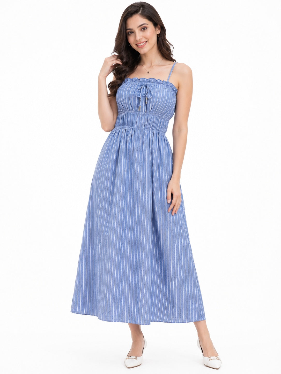 Striped A-Line Maxi Dress with Smocked Bodice
