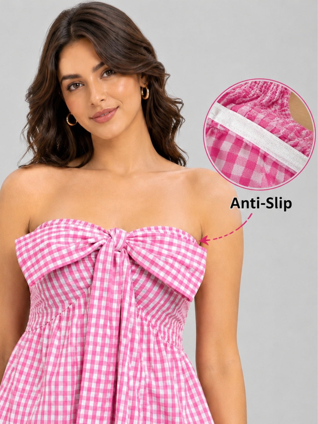 Gingham Check Strapless Bow Front Peplum Top