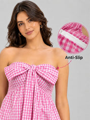 Gingham Check Strapless Bow Front Peplum Top