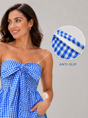 Gingham Check Strapless Bow Front Peplum Top
