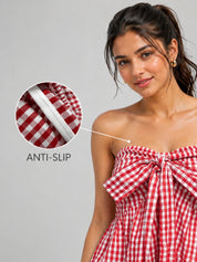 Gingham Check Strapless Bow Front Peplum Top