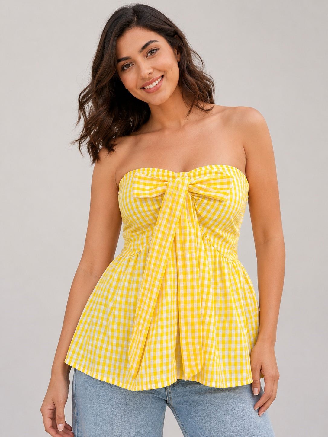 Gingham Check Strapless Bow Front Peplum Top