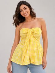 Gingham Check Strapless Bow Front Peplum Top