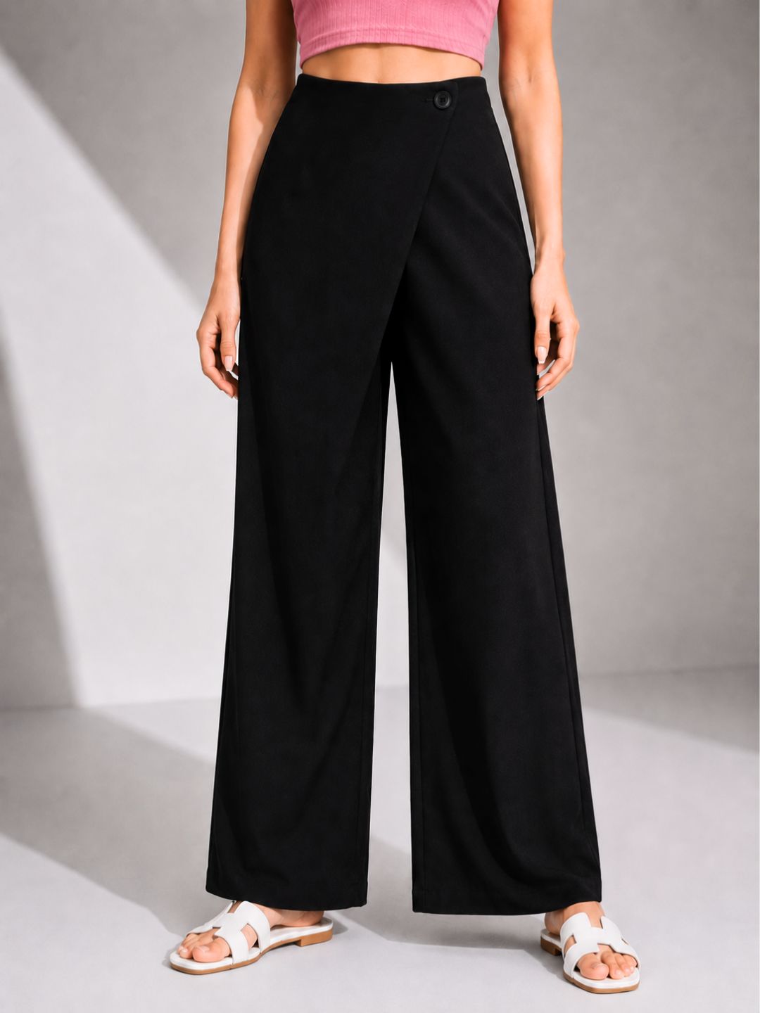 Women's Black Wrap Front Wide Leg Palazzo Trousers