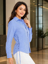 Ribbed Lace-Up Side Slit Button Shirt