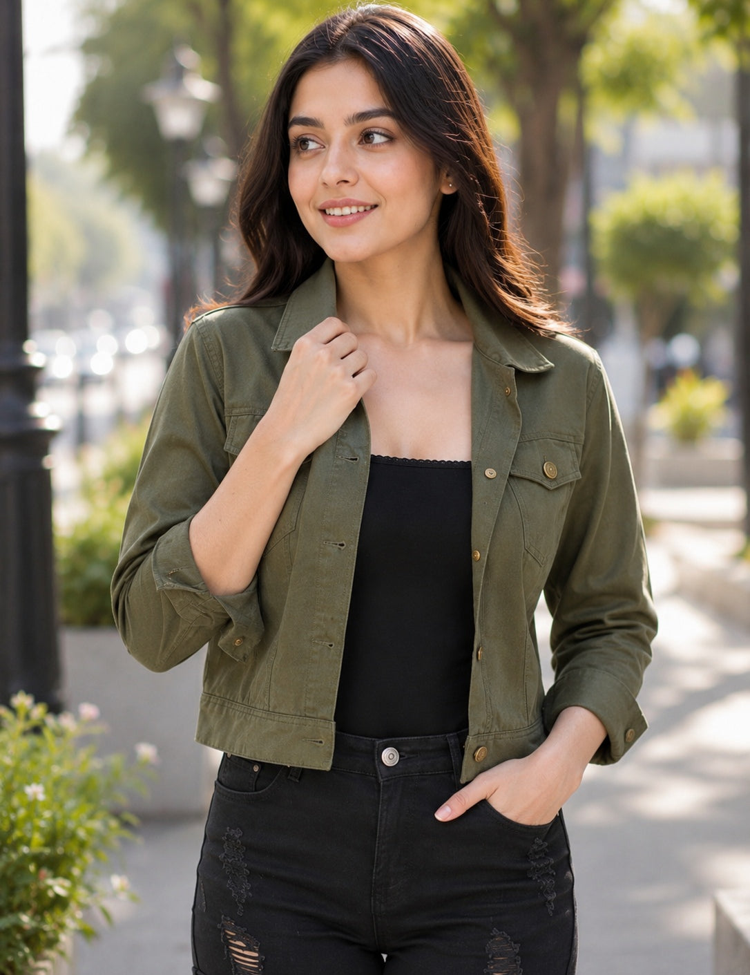 Cropped Button-Front Casual Jacket