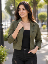 Cropped Button-Front Casual Jacket