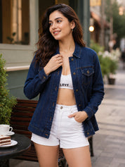Buttoned and Collared Long Denim Jacket