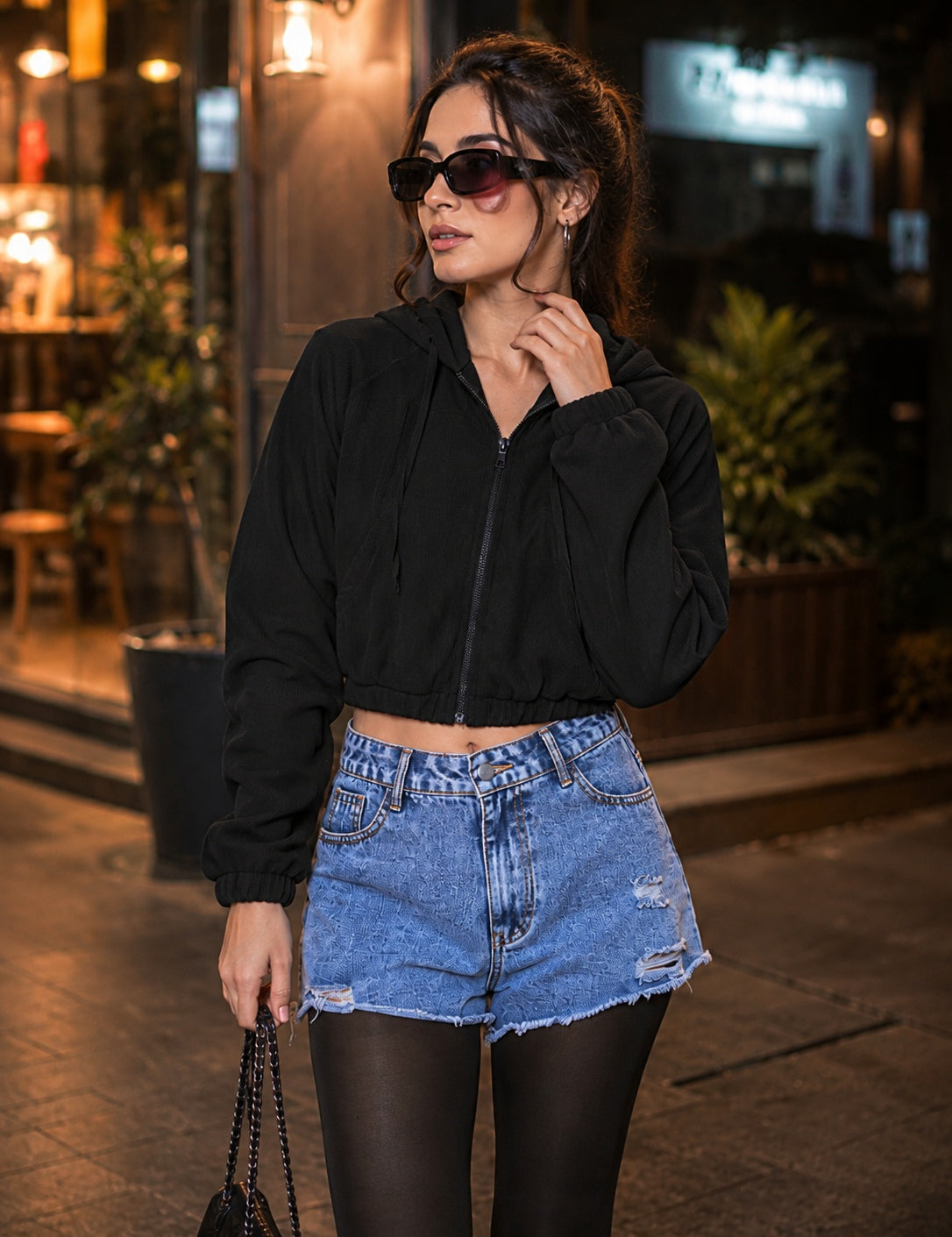 Ribbed Hooded Cropped Jacket